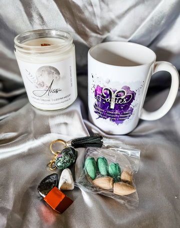 Aries zodiac candle gift set with mug, tumbled rocks and incense cones